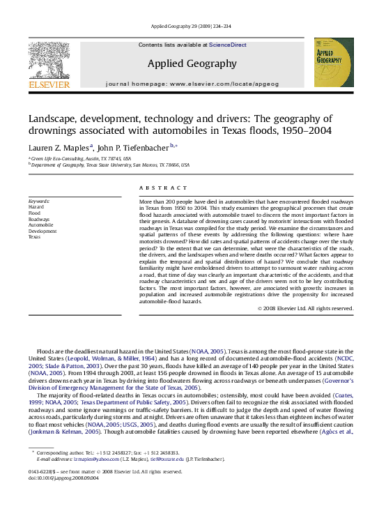 First page of “Landscape, development, technology and drivers: The geography of drownings associated with automobiles in Texas floods, 1950–2004”