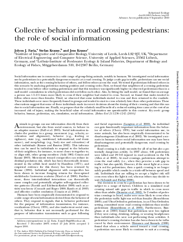 First page of “Collective behavior in road crossing pedestrians: the role of social information”