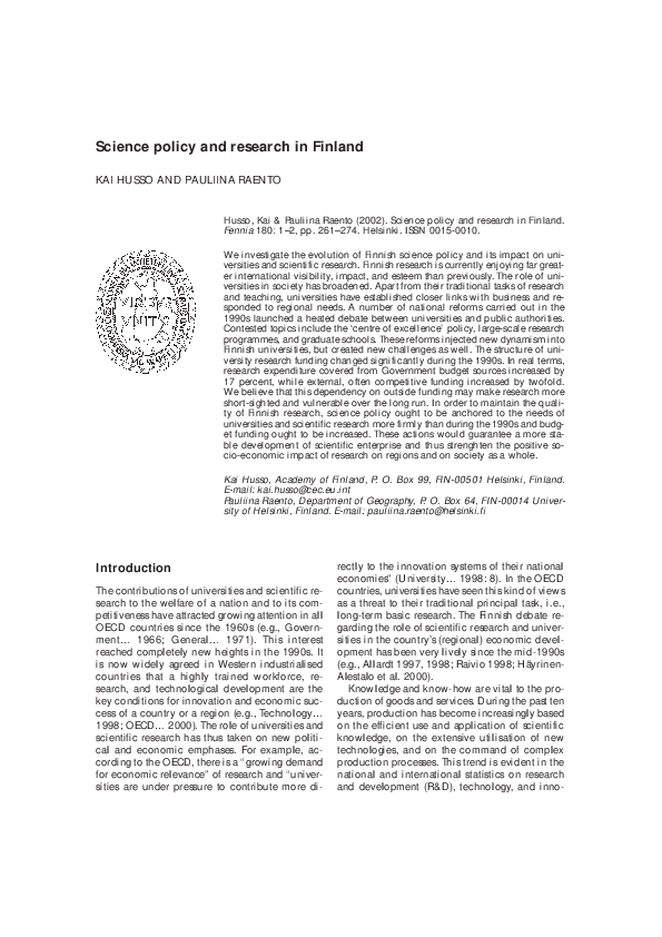 First page of “Science policy and research in Finland”