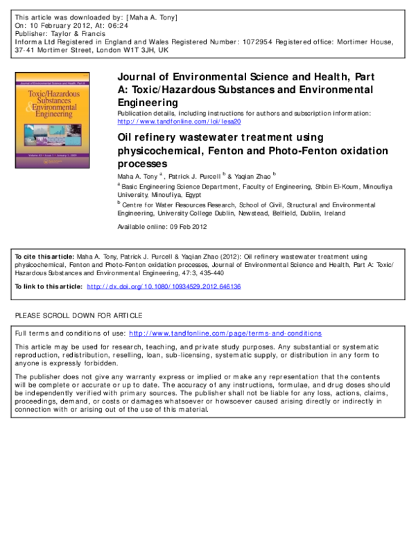 First page of “Oil refinery wastewater treatment using physicochemical, Fenton and Photo-Fenton oxidation processes”