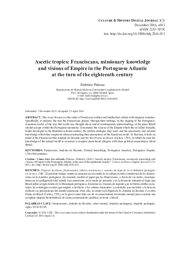 First page of “Ascetic tropics: Franciscans, missionary knowledge and visions of Empire in the Portuguese Atlantic at the turn of the eighteenth century”