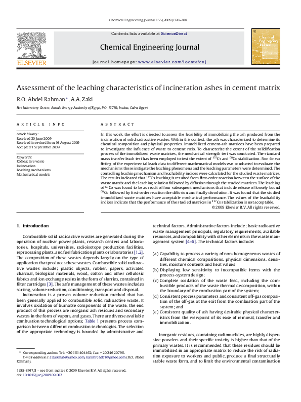 First page of “Assessment of the leaching characteristics of incineration ashes in cement matrix”