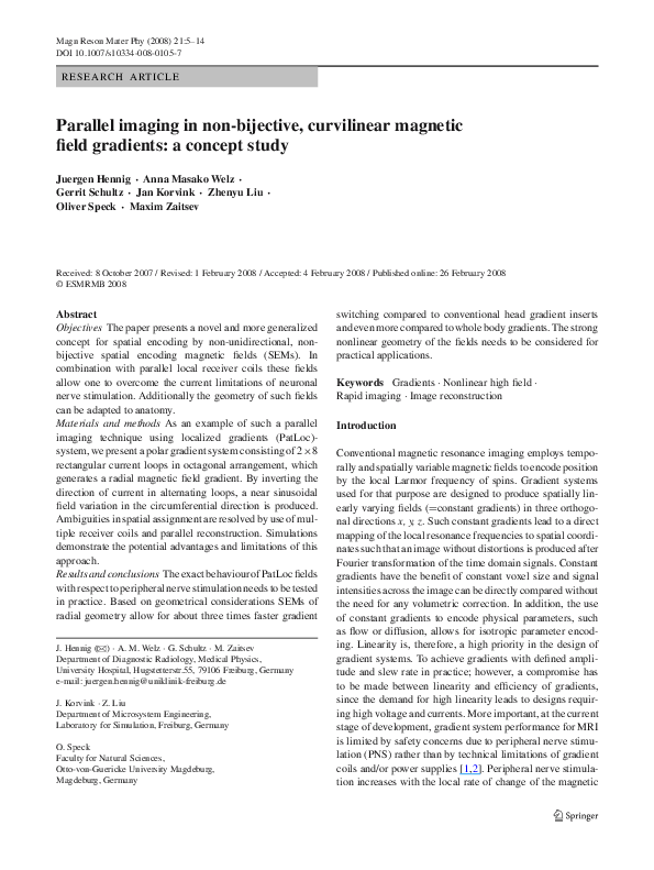 First page of “Parallel imaging in non-bijective, curvilinear magnetic field gradients: a concept study”