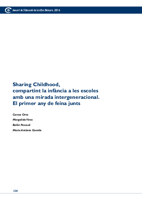 First page of “Sharing childhood, compartint la infància a les escoles amb una mirada intergeneracional. El primer any de feina junts”