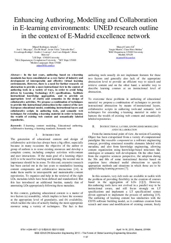 First page of “Enhancing authoring, modelling and collaboration in e-learning environments: UNED research outline in the context of E-Madrid excellence network”