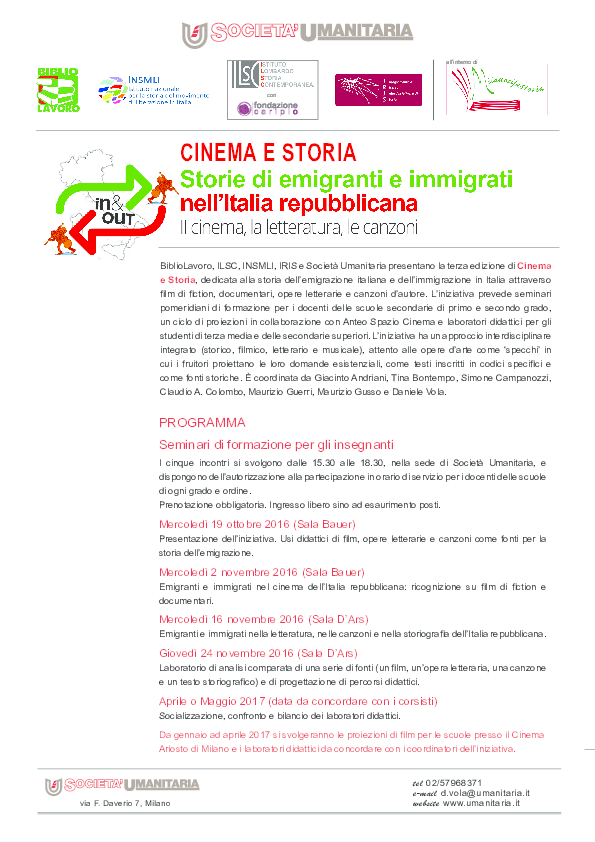 First page of “"Storie di emigranti e immigrati nell'Italia repubblicana. Il cinema, la letteratura, le canzoni": Ciclo di lezioni-proiezioni per le scuole (Cinema Ariosto e Casa della Memoria, Milano, 12 gennaio - 6 aprile 2017)”