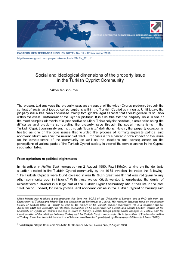 First page of “Social and ideological dimensions of the property issue in the Turkish Cypriot Community”