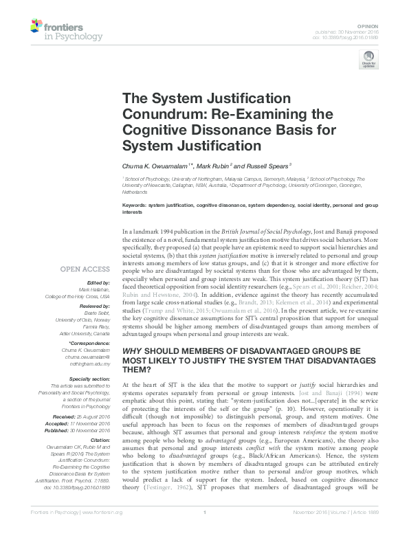 First page of “The system justification conundrum: Re-examining the cognitive dissonance basis for system justification”