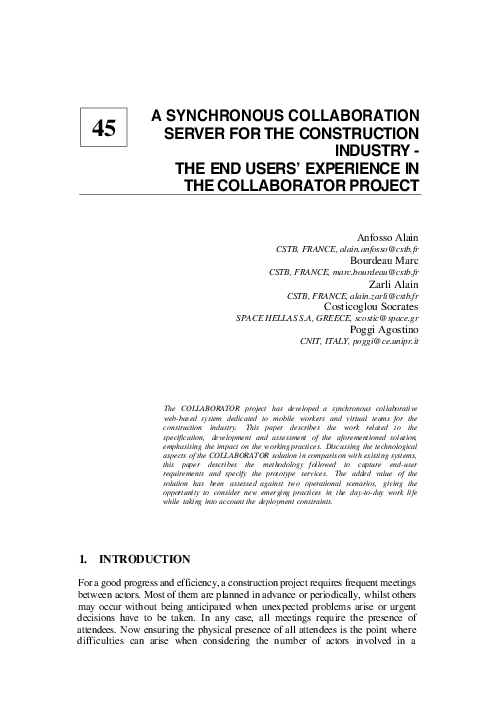 First page of “A Synchronous Collaboration Server for the Construction Industry - The End Users’ Experience in the Collaborator Project”