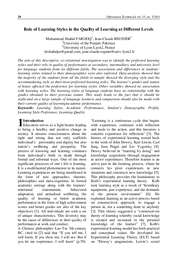 First page of “Role of Learning Styles in the Quality of Learning at Different Levels”