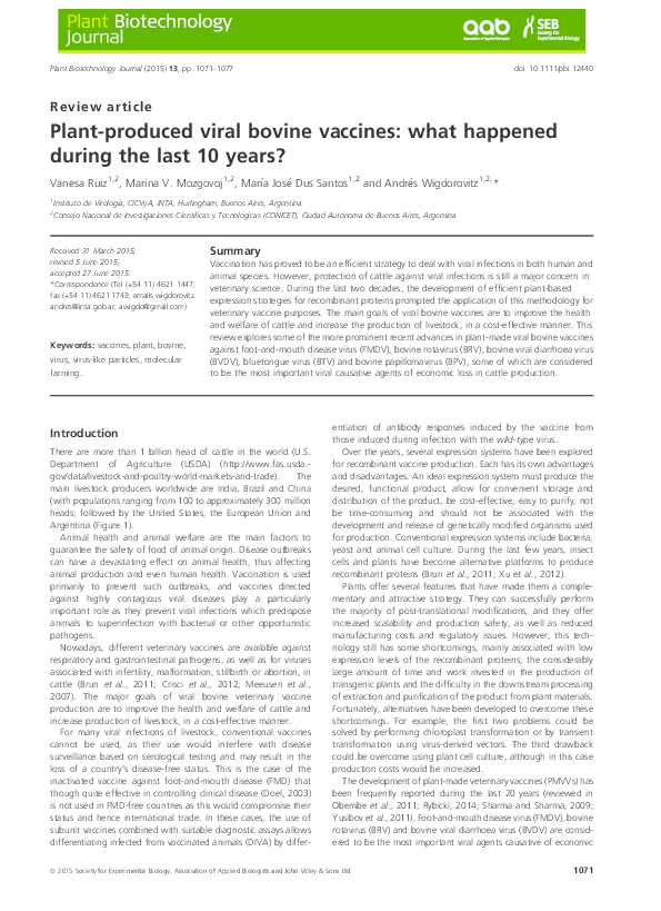 First page of “Plant-produced viral bovine vaccines: what happened during the last 10 years”