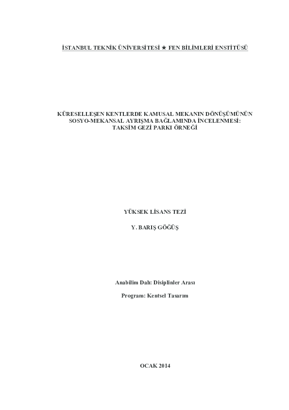 First page of “Küreselleşen Kentlerde Kamusal Mekanın Dönüşümünün Sosyo-mekansal Ayrışma Bağlamında İncelenmesi: Taksim Gezi Parkı Örneği”