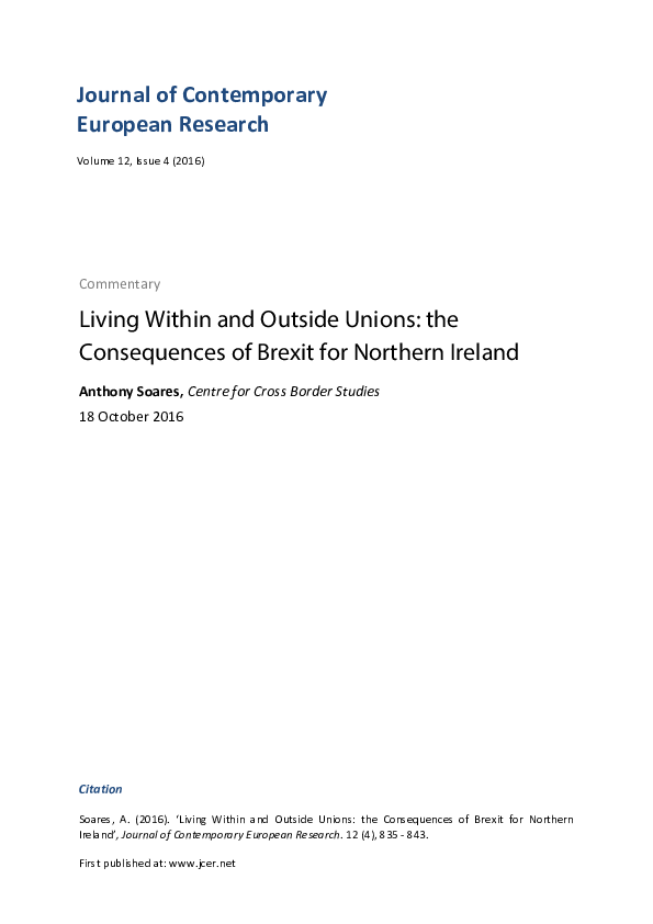 First page of “Living Within and Outside Unions: the Consequences of Brexit for Northern Ireland”