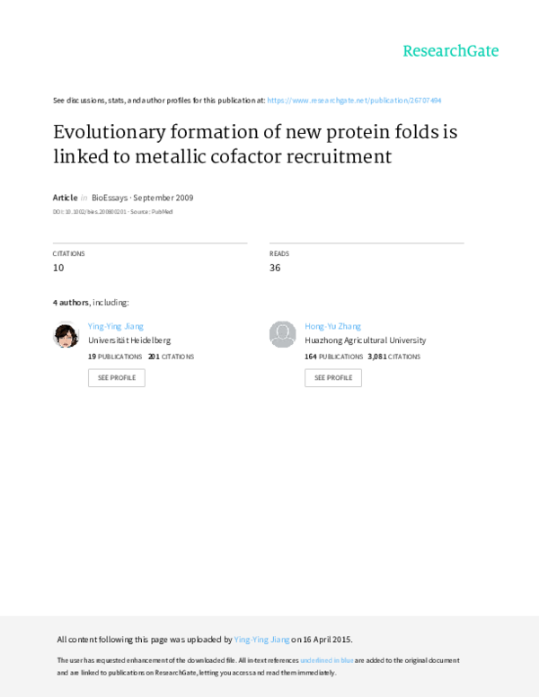 First page of “Evolutionary formation of new protein folds is linked to metallic cofactor recruitment”