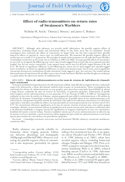 First page of “Effect of radio transmitters on return rates of Swainson's Warblers”