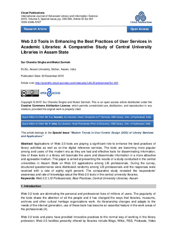 First page of “Web 2.0 Tools in Enhancing the Best Practices of User Services in Academic Libraries: A Comparative Study of Central University Libraries in Assam State”