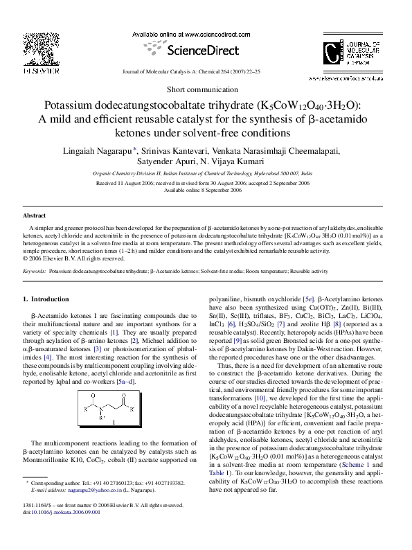 First page of “Potassium dodecatungstocobaltate trihydrate (K 5CoW 12O 40 · 3H 2O): A mild and efficient reusable catalyst for the synthesis of amidoalkyl naphthols in solution and under solvent-free conditions”