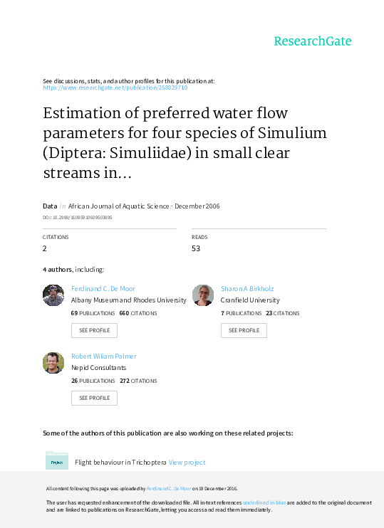 First page of “Estimation of preferred water flow parameters for four species of Simulium (Diptera: Simuliidae) in small clear streams in South Africa”