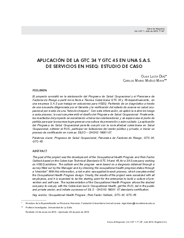 First page of “Aplicación de la GTC-34 y GTC-45 en una S.A.S de servicios en HSEQ: Estudio de caso”