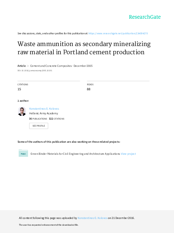 First page of “Waste ammunition as secondary mineralizing raw material in Portland cement production”