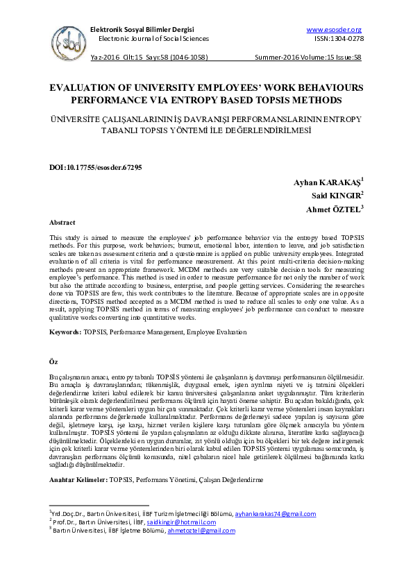 First page of “EVALUATION OF UNIVERSITY EMPLOYEES' WORK BEHAVIOURS PERFORMANCE VIA ENTROPY BASED TOPSIS METHODS”