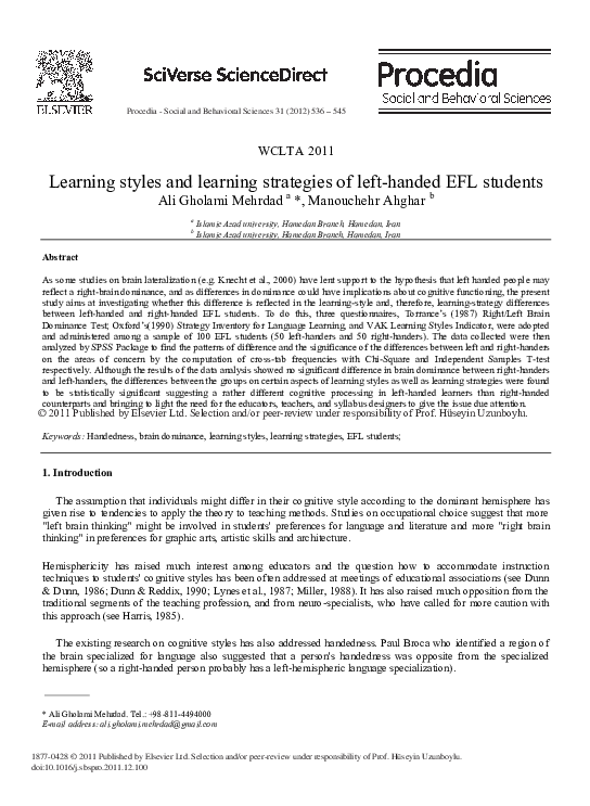 First page of “Learning styles and learning strategies of left-handed EFL students”