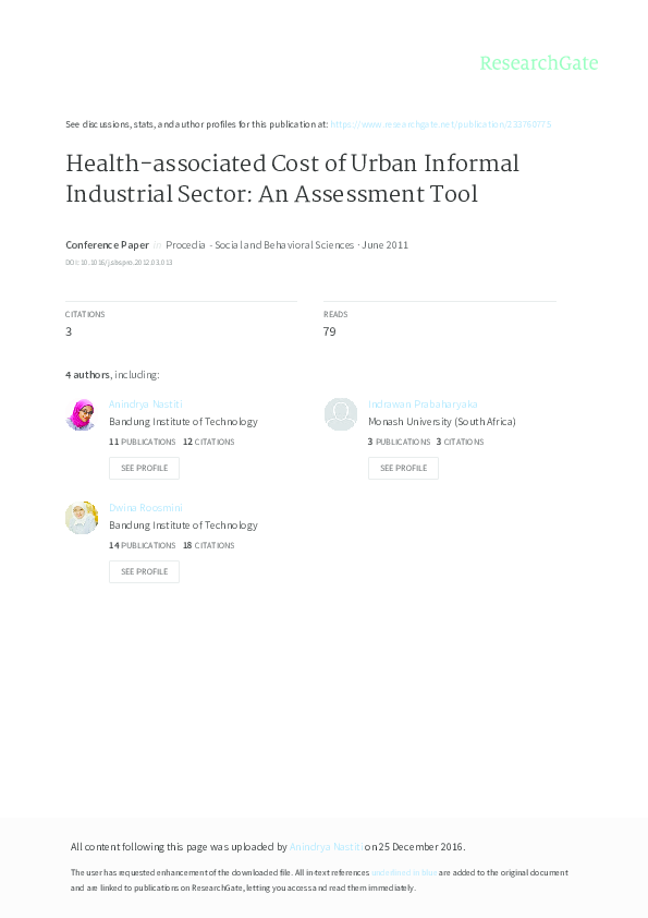 First page of “Health-associated Cost of Urban Informal Industrial Sector: An Assessment Tool”