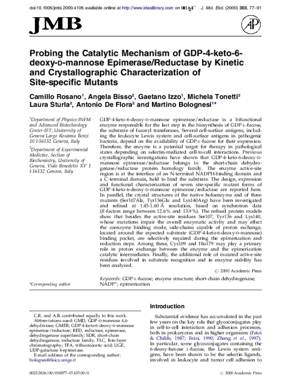 First page of “Probing the catalytic mechanism of GDP-4-keto-6-deoxy--mannose epimerase/reductase by kinetic and crystallographic characterization of site-specific mutants1”