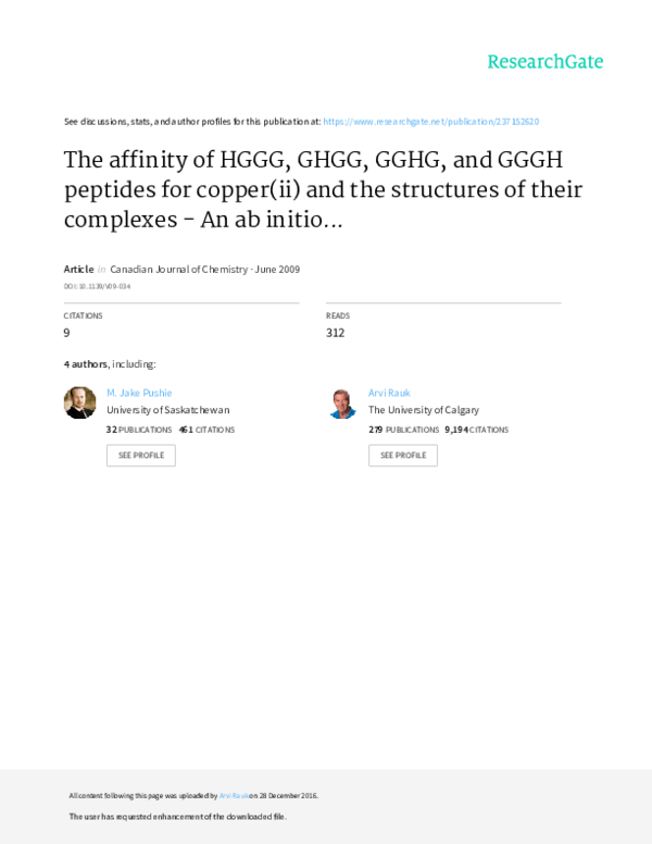 First page of “The affinity of HGGG, GHGG, GGHG, and GGGH peptides for copper (II) and the structures of their complexes An ab initio study1”