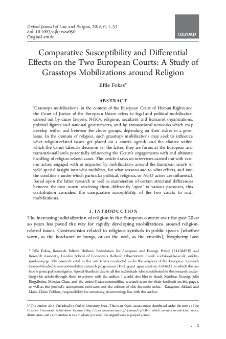 First page of “Comparative Susceptibility and Differential Effects on the Two European Courts: A Study of Grasstops Mobilizations around Religion”