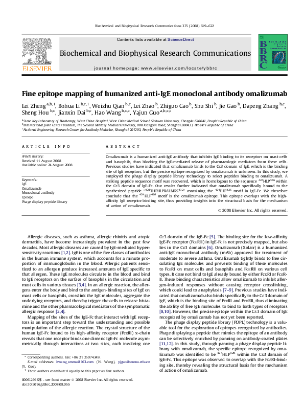 First page of “Fine epitope mapping of humanized anti-IgE monoclonal antibody omalizumab”