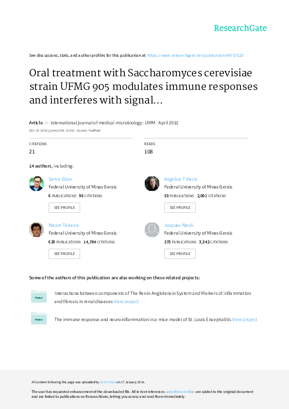 First page of “Oral treatment with Saccharomyces cerevisiae strain UFMG 905 modulates immune responses and interferes with signal pathways involved in the activation of  …”
