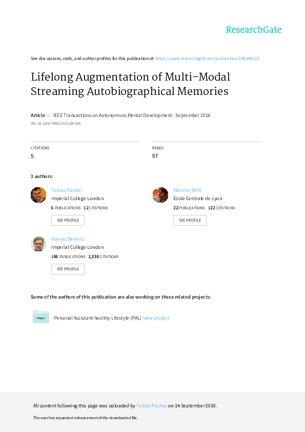 First page of “Lifelong Augmentation of Multi-Modal Streaming Autobiographical Memories”