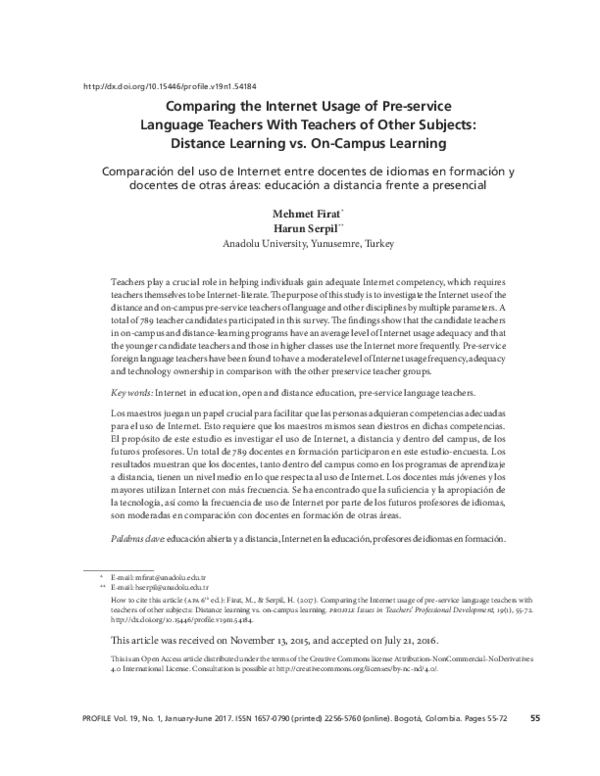 First page of “Comparing the Internet Usage of Pre-service Language Teachers With Teachers of Other Subjects: Distance Learning vs. On-Campus Learning”