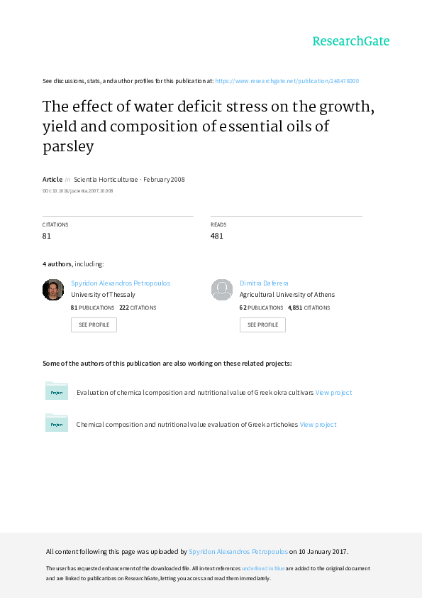 First page of “The effect of water deficit stress on the growth, yield and composition of essential oils of parsley”