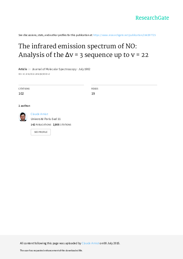First page of “The infrared emission spectrum of NO: Analysis of the Δv = 3 sequence up to v = 22”