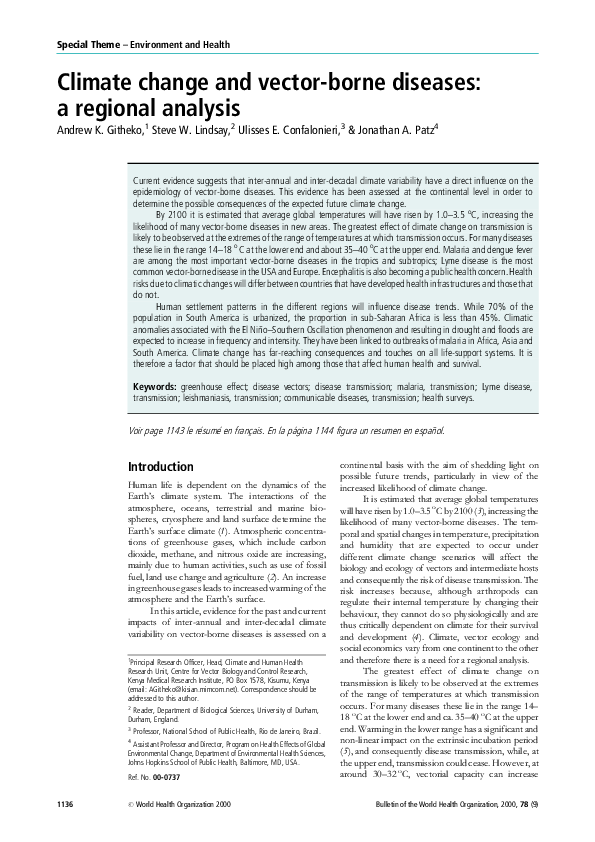 First page of “Climate change and vector-borne diseases: a regional analysis”