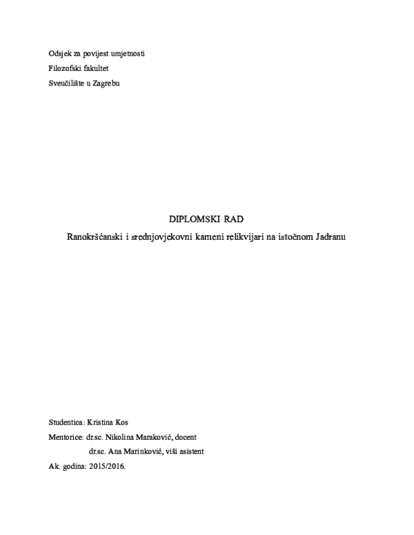 First page of “Ranokršćanski i srednjovjekovni kameni relikvijari na istočnom Jadranu”