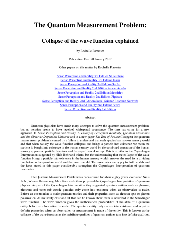 First page of “The Quantum Measurement Problem: Collapse of the wave function explained”