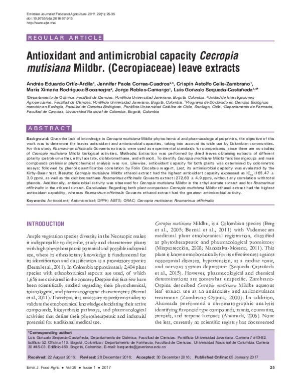 First page of “Antioxidant and antimicrobial capacity Cecropia mutisiana Mildbr. (Cecropiaceae) leave extracts”