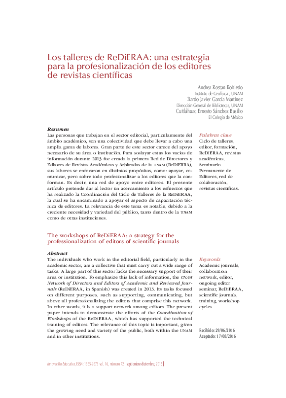 First page of “Los talleres de ReDiERAA: una estrategia  para la profesionalización de los editores de revistas científicas”