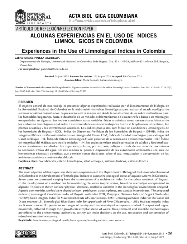 First page of “Experiences in the Use of Limnological Indices in Colombia”