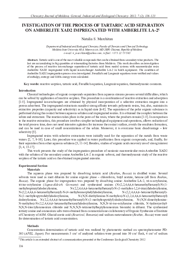 First page of “IVESTIGATION OF THE PROCESS OF TARTARIC ACID SEPARATION ON AMBERLITE XAD2 IMPREGNATED WITH AMBERLITE LA-2 ¶1”