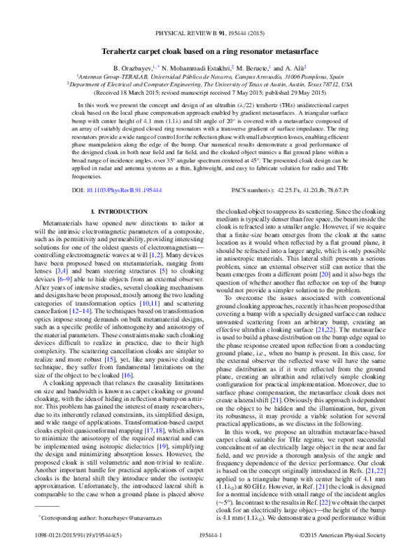 First page of “Terahertz carpet cloak based on a ring resonator metasurface”