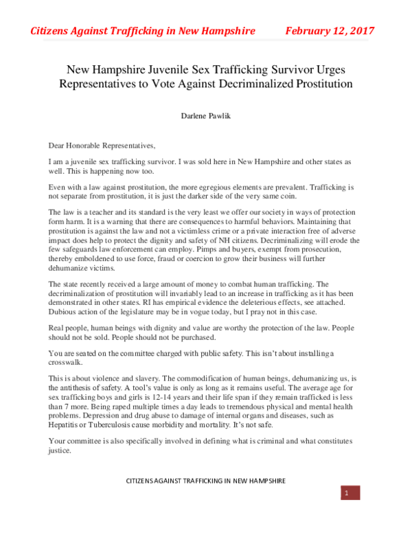 First page of “New Hampshire Juvenile Sex Trafficking Survivor Urges Representatives to Vote Against Decriminalized Prostitution”