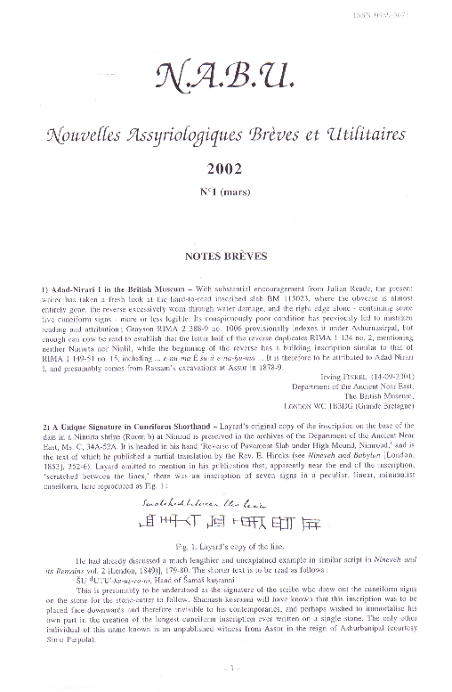 First page of “2002. A unique signature in cuneiform shorthand (with co-author Irving L. Finkel)”