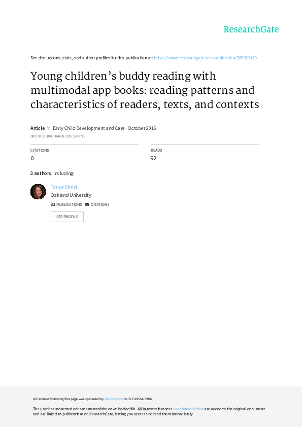 First page of “Young children’s buddy reading with multimodal app books: reading patterns and characteristics of readers, texts, and contexts”
