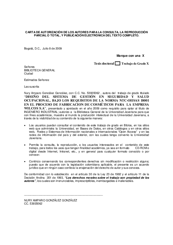 First page of “CARTA DE AUTORIZACIÓN DE LOS AUTORES PARA LA CONSULTA, LA REPRODUCCIÓN PARCIAL O TOTAL, Y PUBLICACIÓN ELECTRÓNICA DEL TEXTO COMPLETO. Marque con una X Tesis doctoral Trabajo de Grado X”