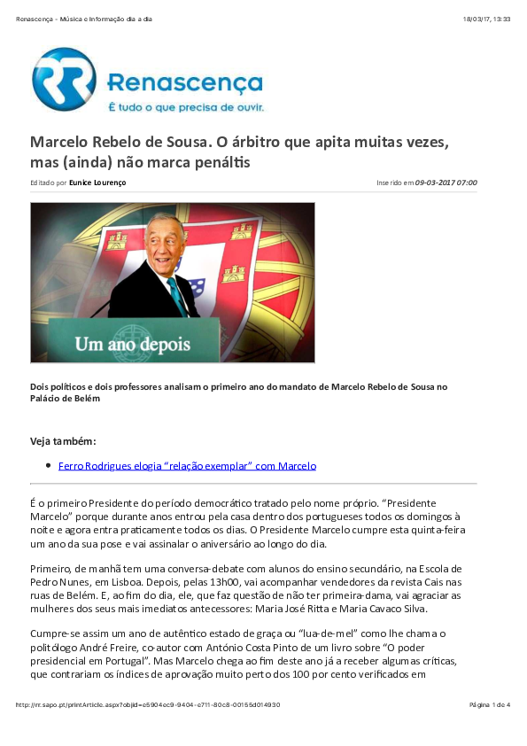 First page of “Rádio Renascença: Marcelo: o árbitro que apita muitas vezes, mas que (ainda) não marca pénaltis”