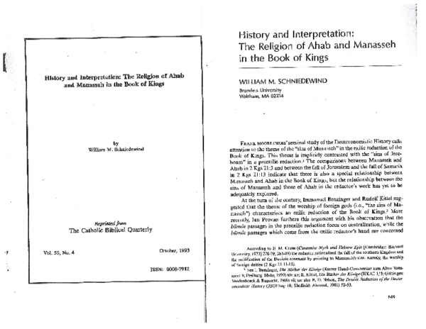 First page of “History and Interpretation: the Religion of Ahab and Manasseh In the Book of Kings”